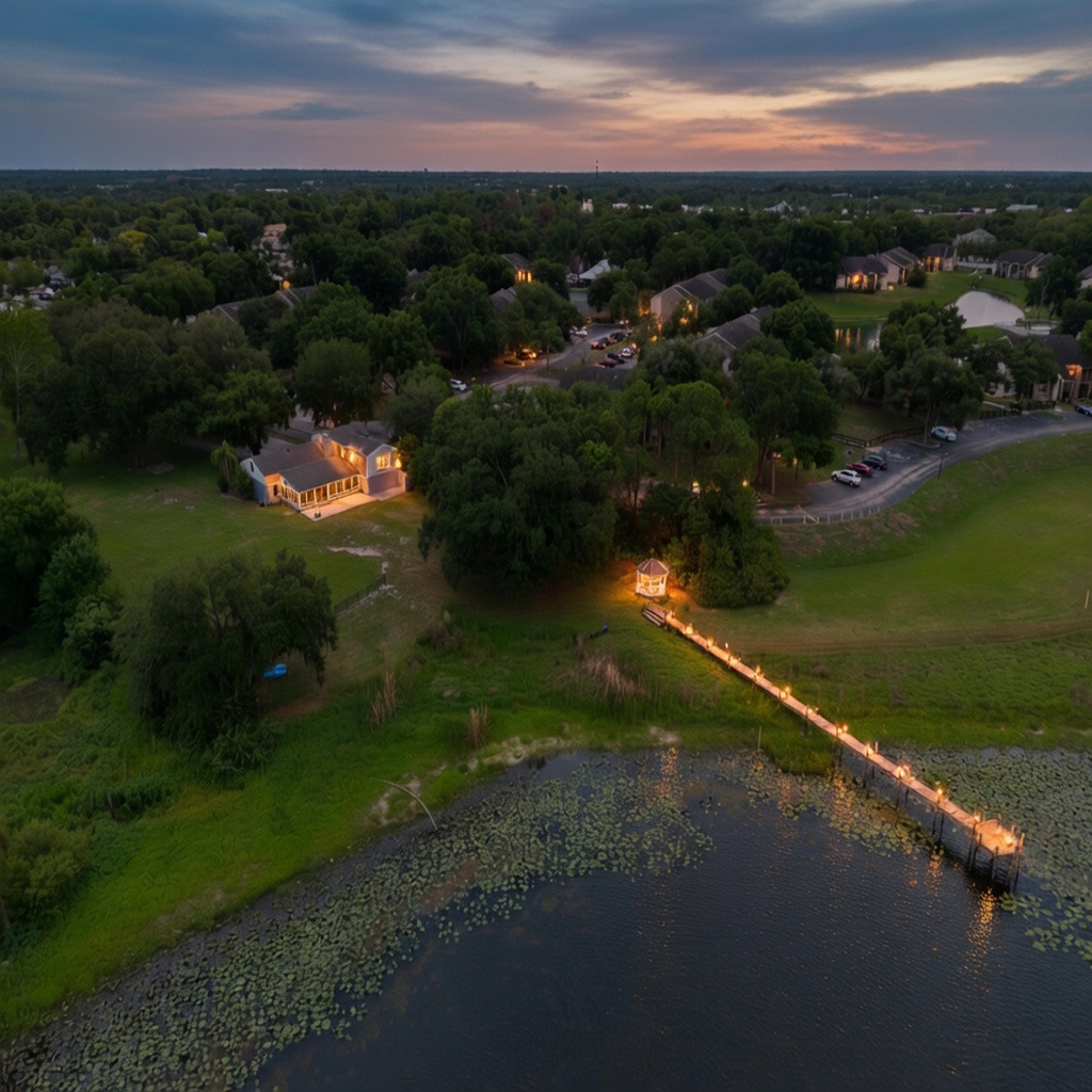 Aerial view of the house, lawn, and dock